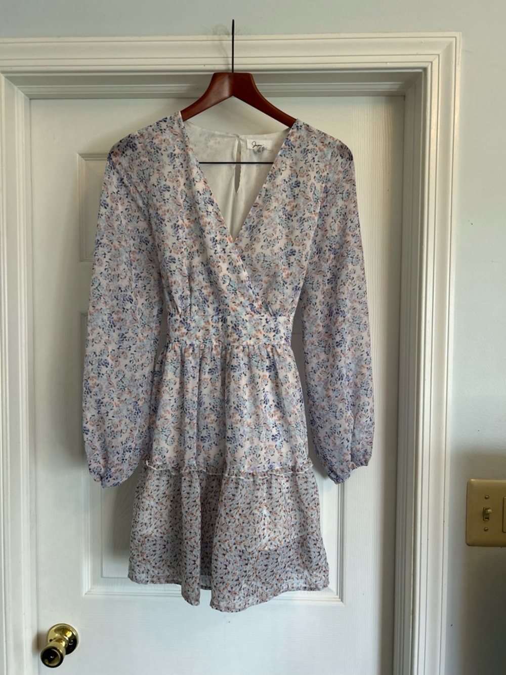 Japna Light Pastel Floral Wrap V‑Neck Long Sleeve Mini Dress